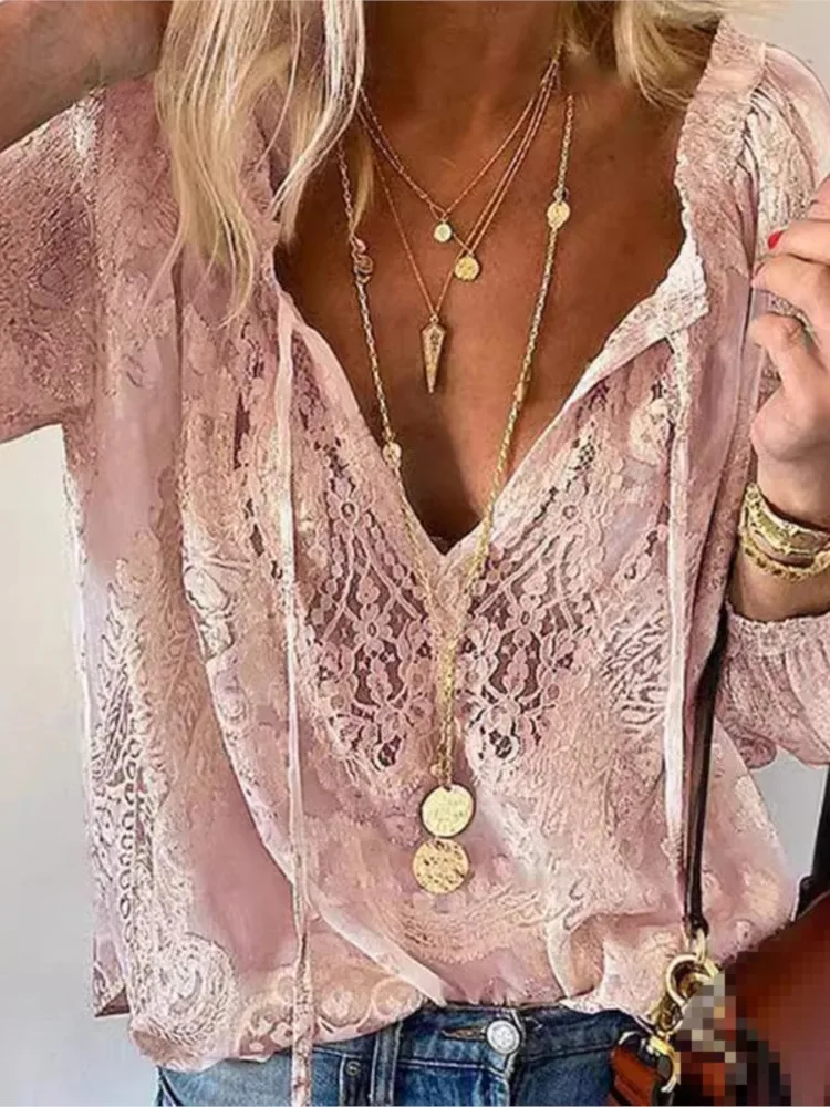 Women\'s Fashion Solid Sexy Hollow Out V-neck Shirt Top 2025 Autumn Lace Blouse Casual Loose Tops Office Lady Lace-up Top