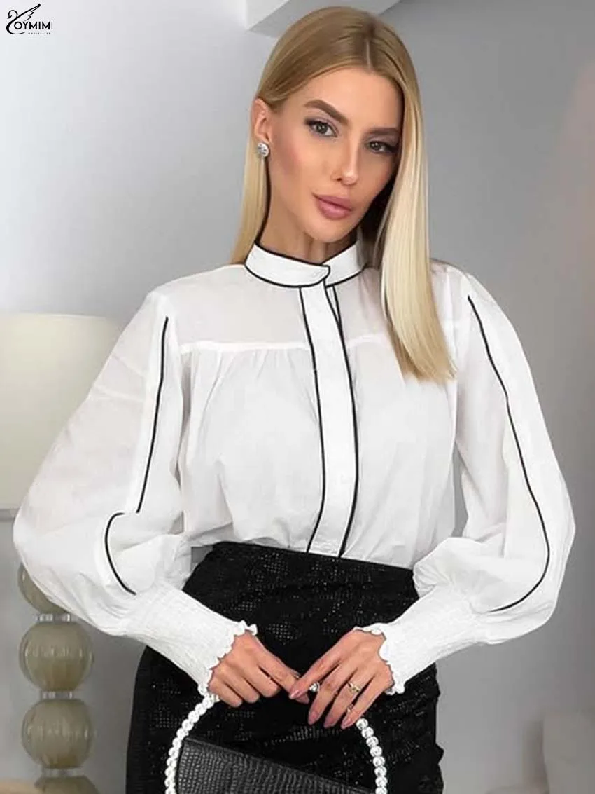 Oymimi Eleagnt Camicetta da donna in cotone bianco Moda Patchwork O-Collo Camicette a maniche lunghe Autunno Camicette monopetto Donna