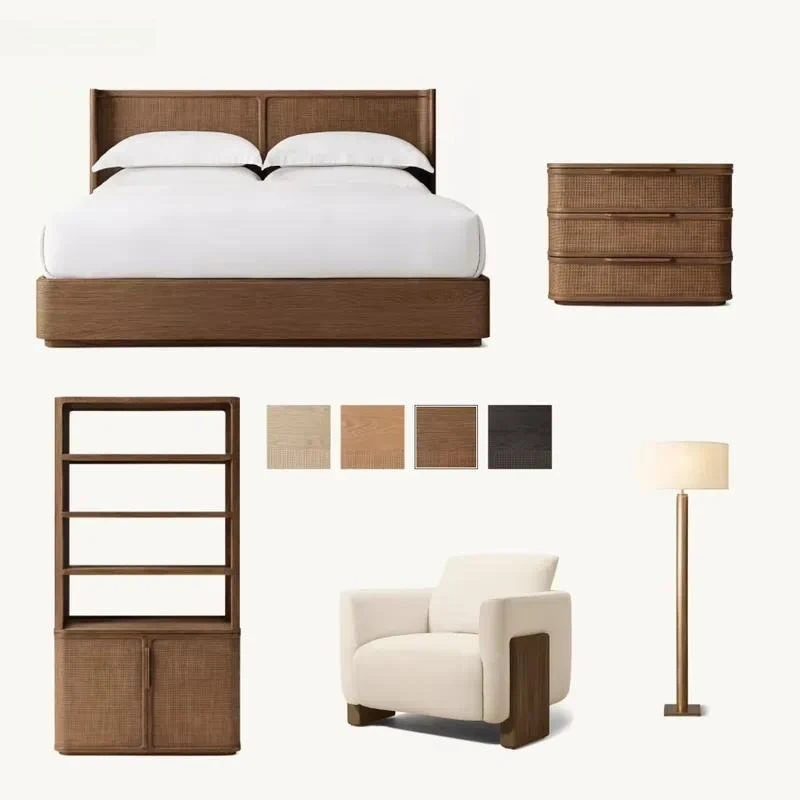 Solid Wood Platform Bed Queen King Size Mid Century Modern Bedroom Furniture Set Luxury Comfortable Design Natural Finish