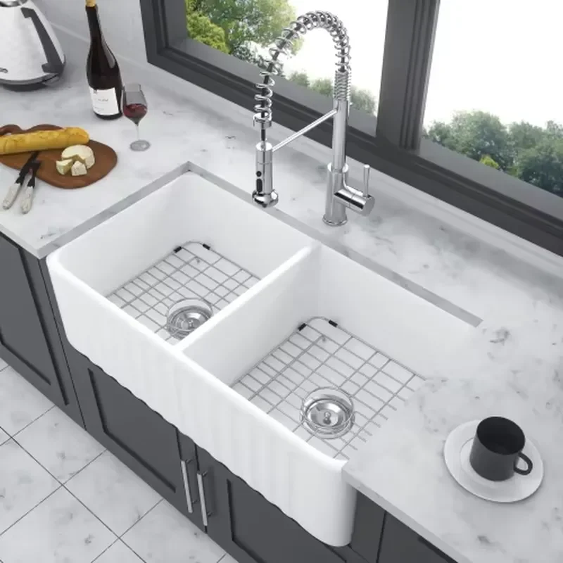 Modern Reversible Fireclay Porcelain Classic Apron Front Double Bowl Kitchen Sink Single Bowl 33x18 Basin White Farmhouse