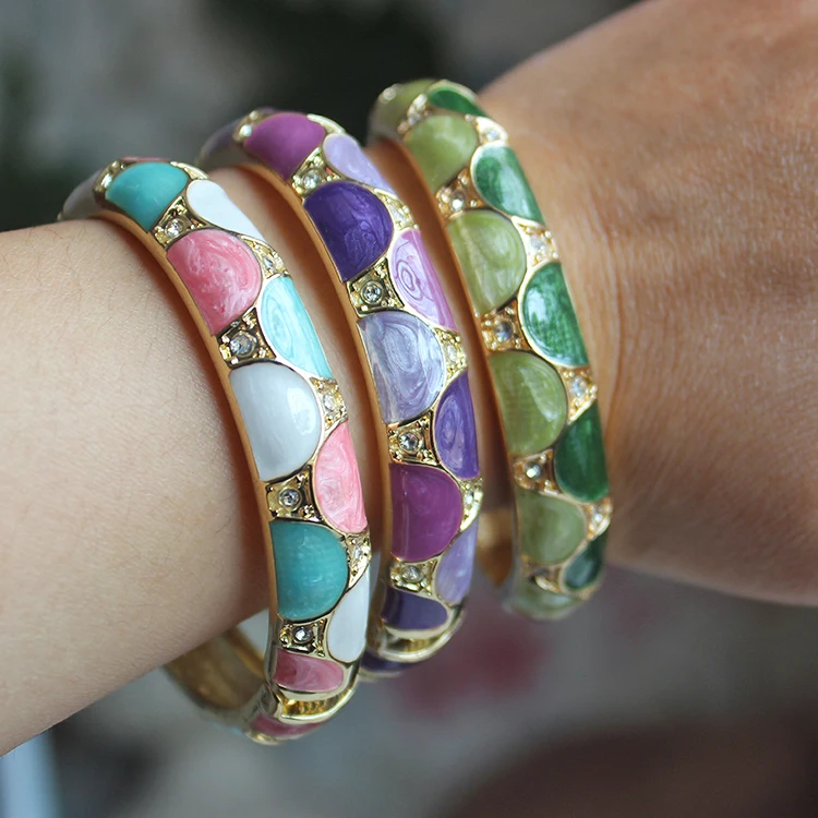 Unique Chinese Cloisonne Color Half Round Women Bangles Rhinestones Enamel Spring Hinged Cuff Bracelets Ethnic Jewelry  Gifts