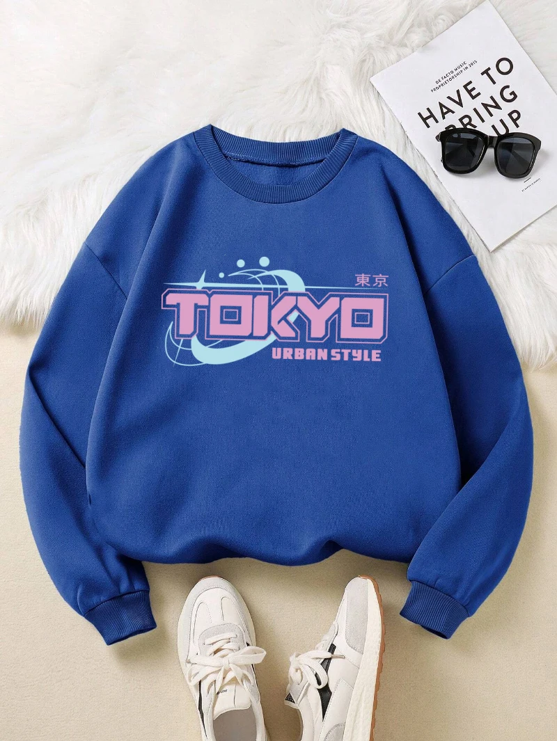 Tokyo Urban Style Sweatshirts Womens Letter Printed Hoodies Crewneck Loose Fleece Warm Tops Street Comfortable Woman Clothes