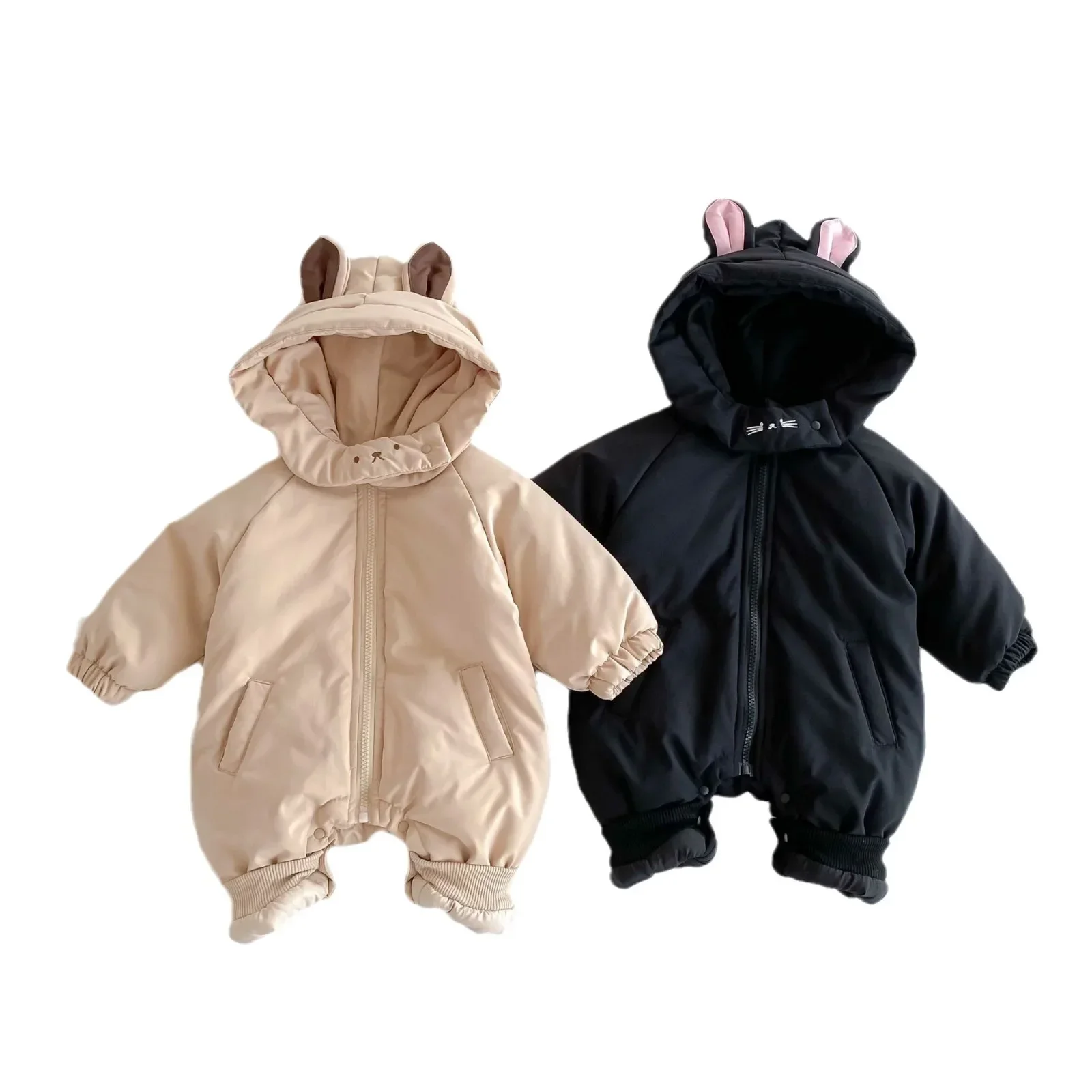 2024 Winter New in Kids Baby Girls Boys Thicken Quilted Warm Outfits, Infant Newborn Hooded Cartoon Profiling Jumpsuits Romper