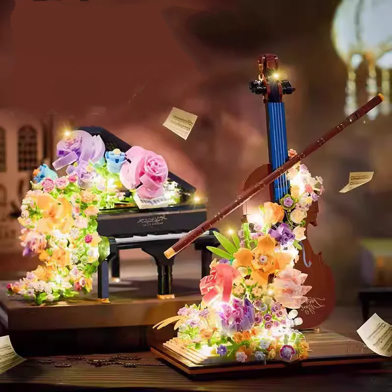 DIY Mini Piano Violin Building Blocks Set LED Light Instrument Rose Eternal Flower Waterfall Model Bricks Kids Toy Birthday Gift