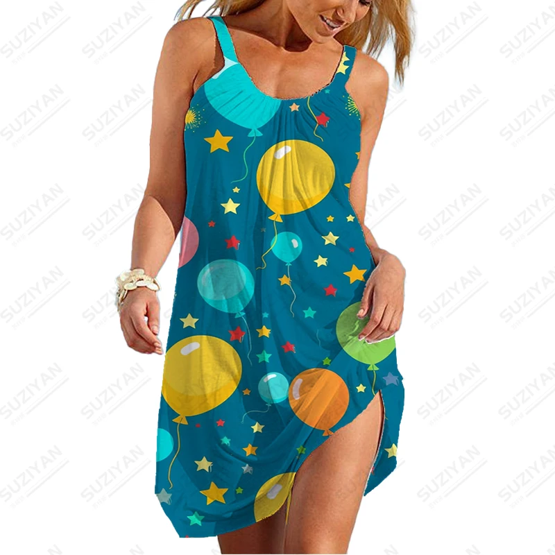 

Colorful Balloon 3D Printed Dress Female Spaghetti Strap Dress Beach Fashion Dress Summer Popular Dress Loose Casual Dress