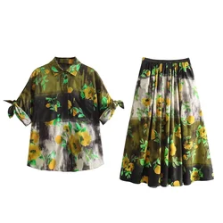 Zach Ailsa 2024 Spring New Product Women's Polo Neck Short Sleeve Printed Shirt Flower Printed Half Skirt Casual Set