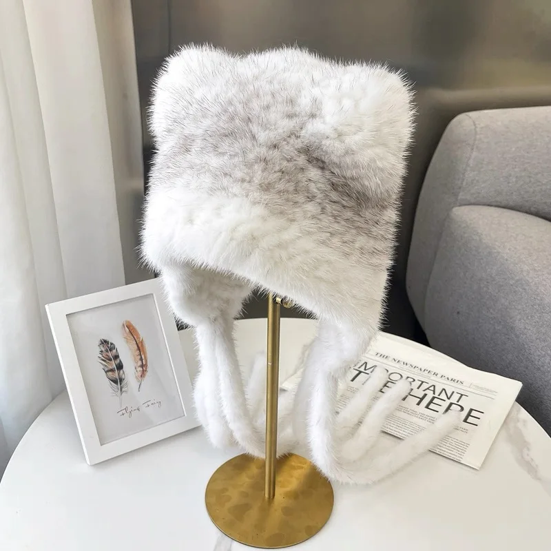 Mesh Weave Real Mink Fur Hat Earm Protective Cap Winter Hats for Women Russian Beanies Fall Bonnets