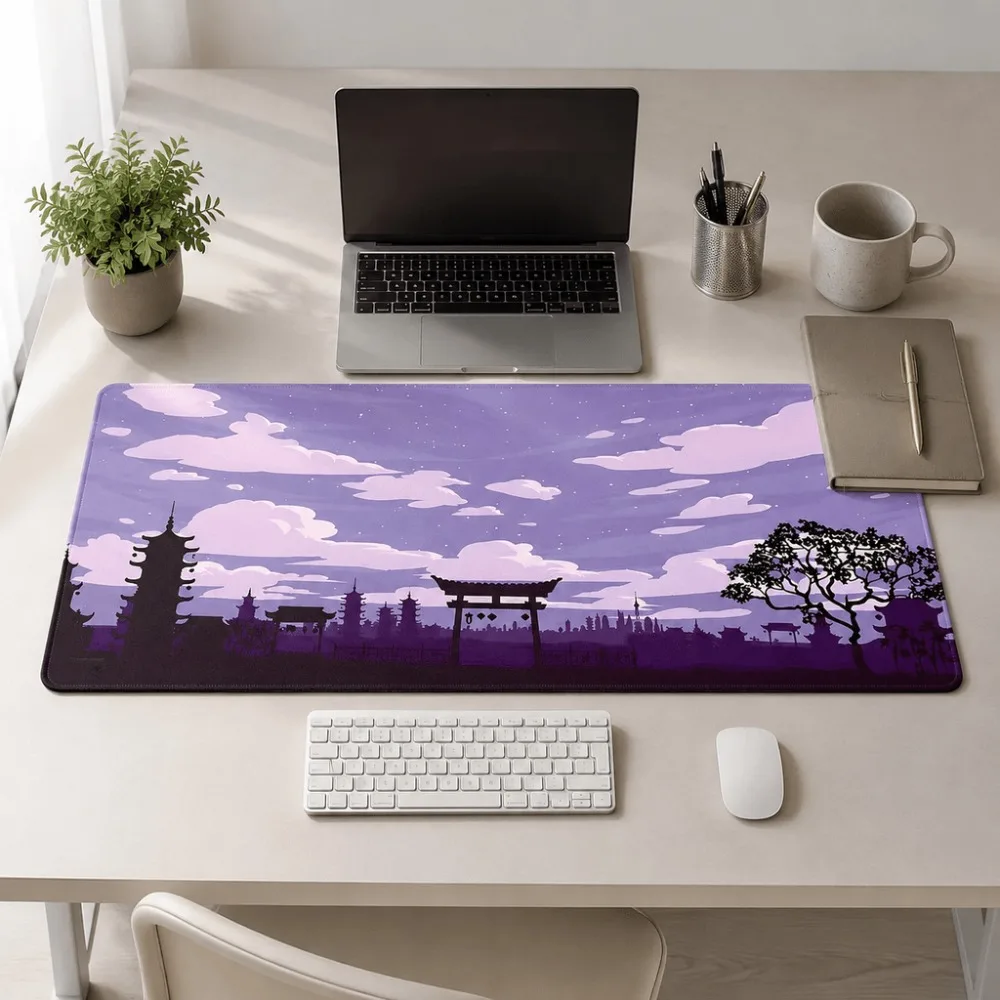 With purple Japanese skyline birdhouse pattern, this mouse pad is anti-slip and suitable for office, home and students