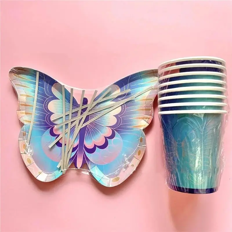 Iridescent Butterfly Party Supplies Holographic Plates Cups Napkins Tablecloth Fairy Girl Spring Birthday Decoration Baby Shower view 2