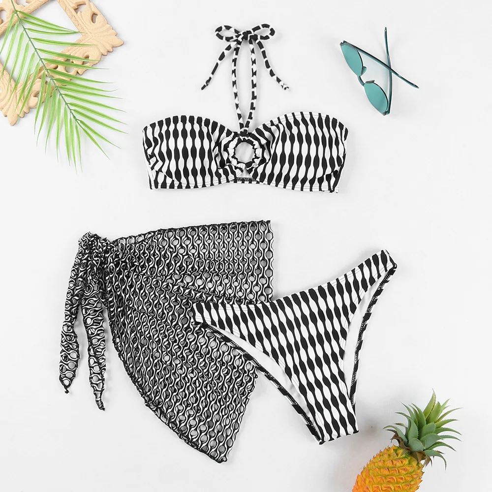 

Halter Lace Up Bikini Set Women Swimsuit Sexy Striped Three-Piece Female Chic Swimwear Bathing Backless Fashion Beachwear