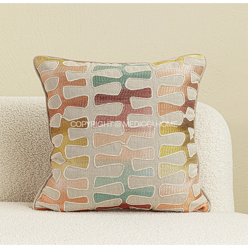 Medicci Home Squigly Embroidery Throw Pillow Cover Multi Color Geometric Shapes Decorative Cushion Case Bohemian Home Decor