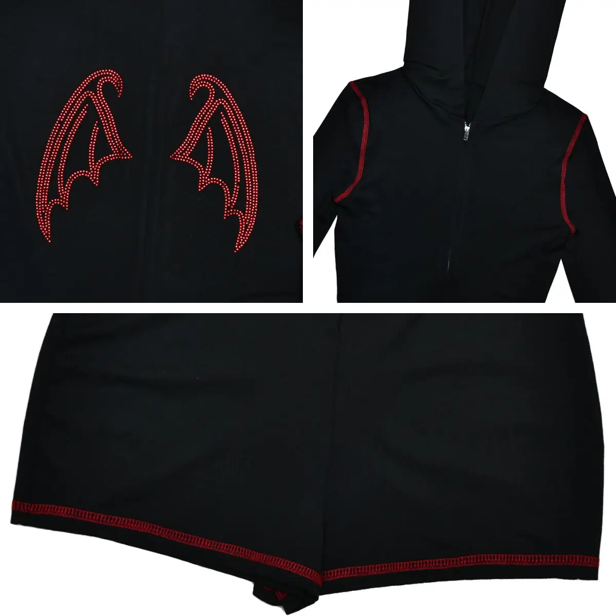 Absobe Women Black Hooded Playsuit Red Bat Wings Rhinestone Contrast Long Sleeve Sexy Gothic Tight Romper Party Evening Outfit