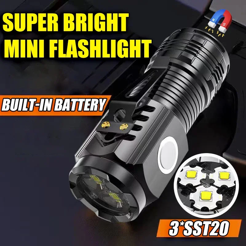 Ultra Powerful Flashlight 3*SST20 LED Mini Tactical Flashlight USB Rechargeable High Power LED Torch with Magnet Hand Torch