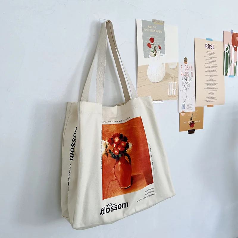 Women Canvas Shopping Bag Bloom Oil Painting Female Cotton Cloth Purse Shoulder Bag Eco Books Handbag Grocery Shopper Large Tote