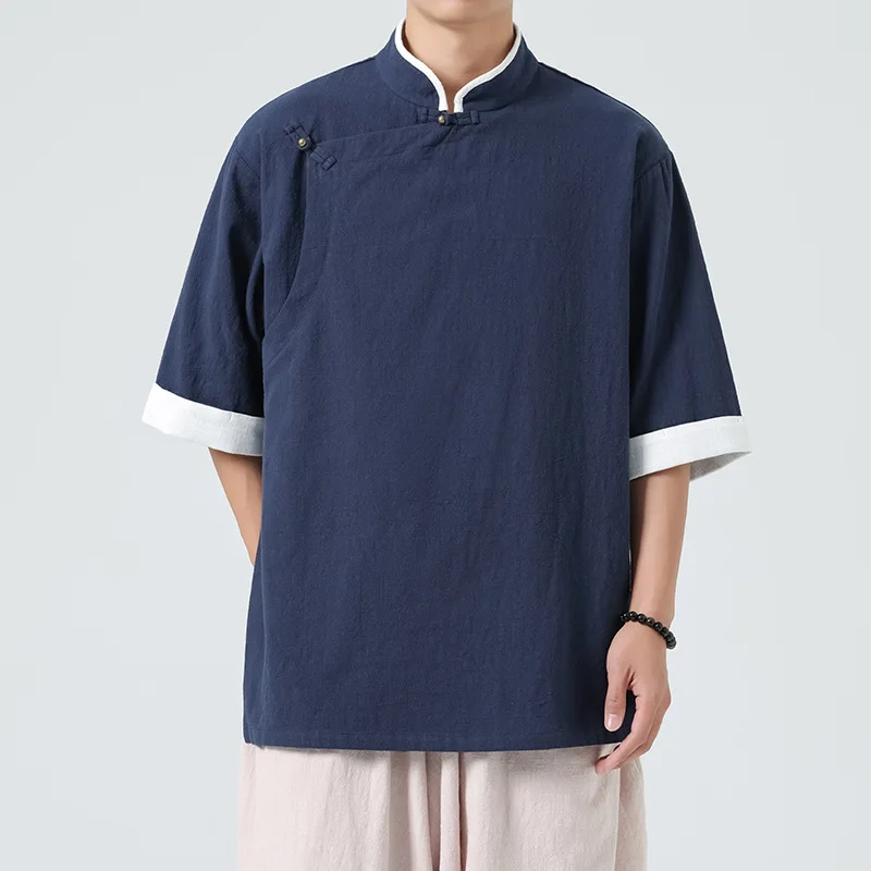 

Loose Cotton Linen Short Sleeve Stand Collar Tang Costume for Men Summer New Style Chinese Style Retro V-Neck Kaftan