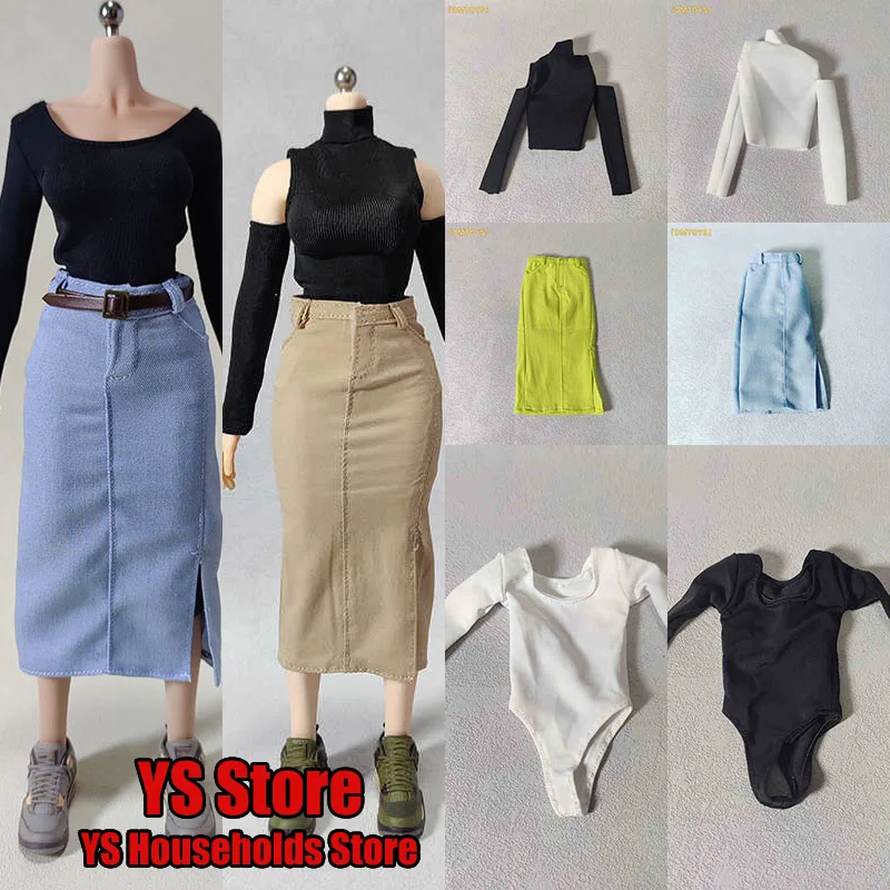 DMTOYS 1/6 Female Soldier Cut-off T-shirt Long Slit Sexy Hip Wrapped Skirt Long Sleeve Swimsuit Clothes Accessory For 12