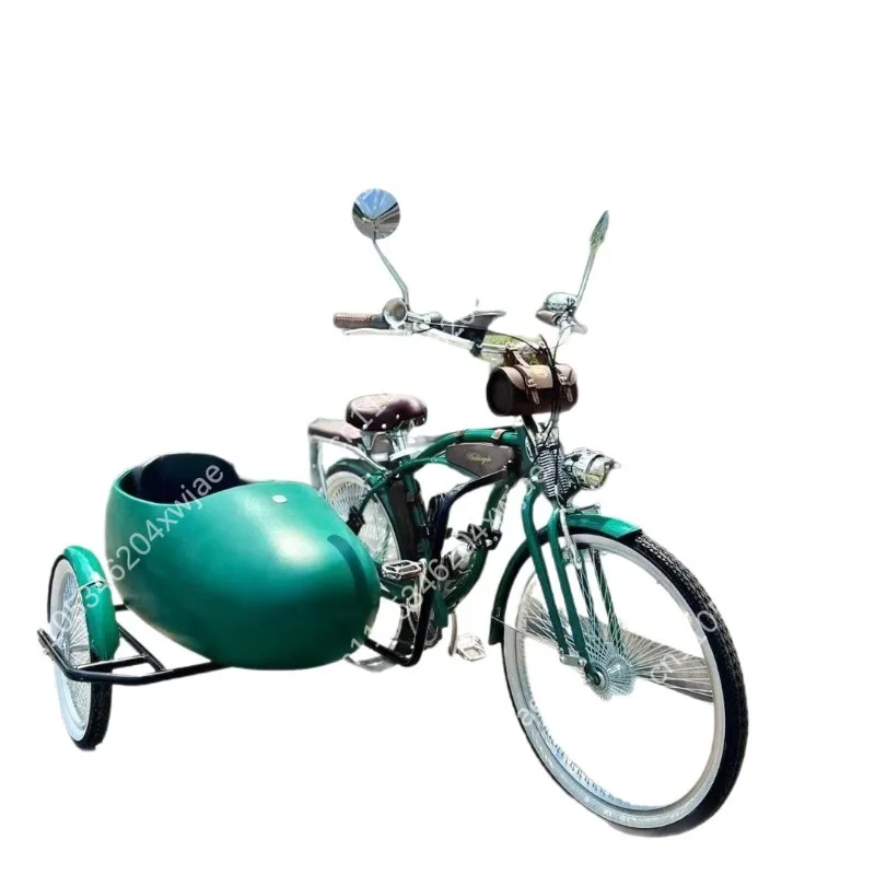 Classic Sidecar Tricycle Comfort Ride, Dense Spoke Wheel Cruiser Bike, Adult Leisure Three Wheeler
