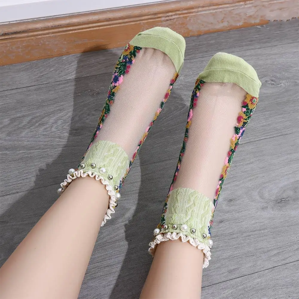 Breathable Lolita Socks Pearl Mesh Shallow Mouth Summer Hosiery Embroidery Flowers Socks Short Socks Boat Socks