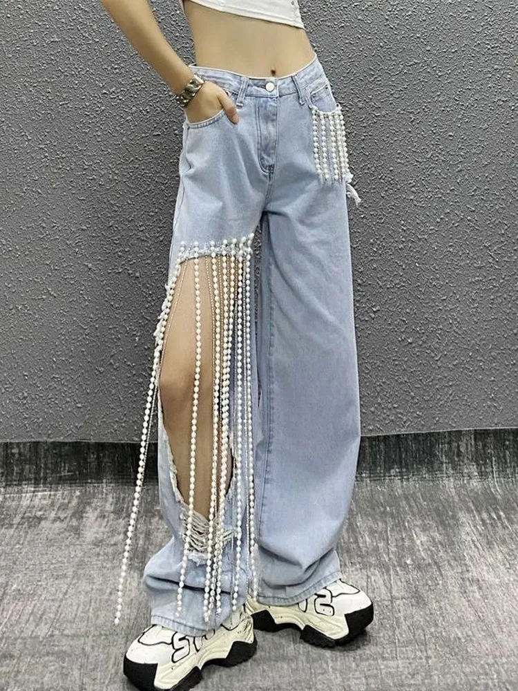 

2025 Summer Vintage Fashion Women's Hole Spliced Pearl Chain Straight Jeans Trendy High Waist Denim Pants Female