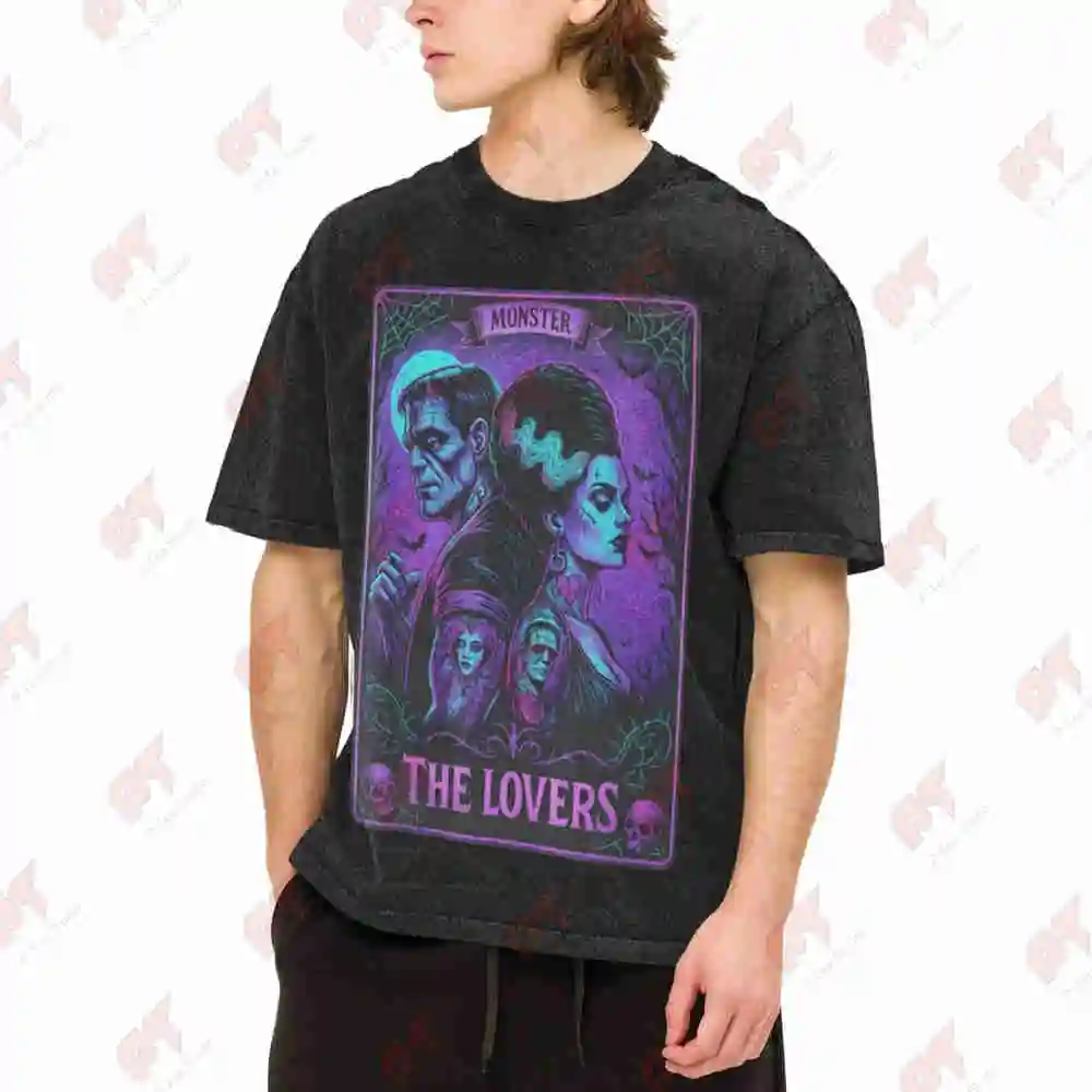 The Monster Frankenstein Bride Lovers Card Vintage Washed Tee Pure Cotton T-Shirt