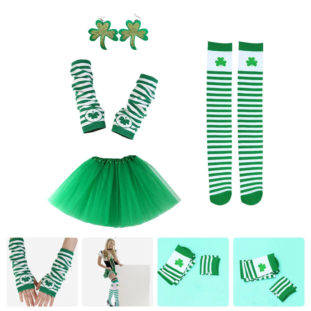 

St Patrick's Day Costume Set Green Theme Party Favor Shamrock Decor Tutu Sleeve Stockings Earrings Reusable Storage Holiday
