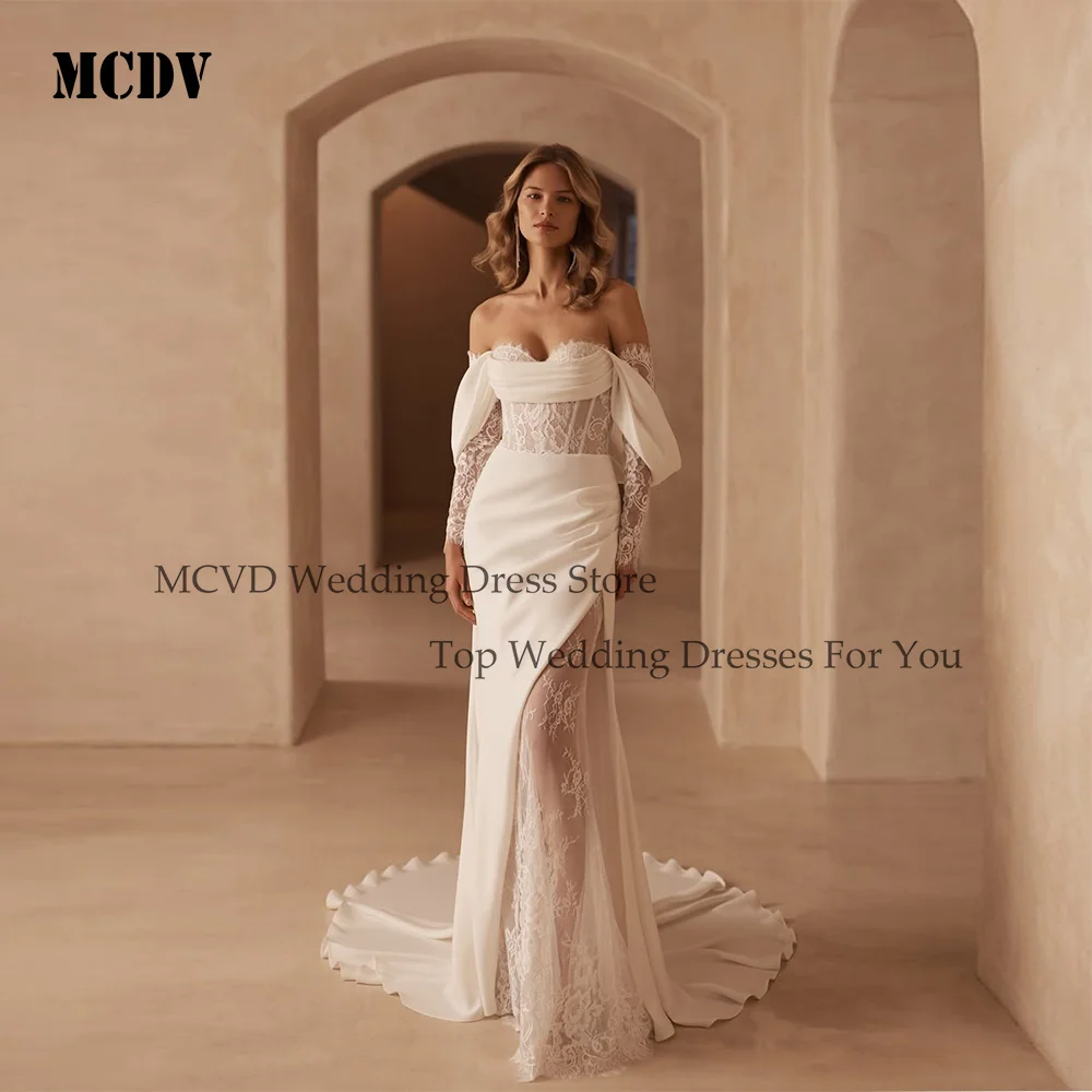 

MCDV Customized Elegant Wedding Dress Off Shoulder Sweetheart Backless Mermaid Satin Bridal Gowns vestido de novia princesa