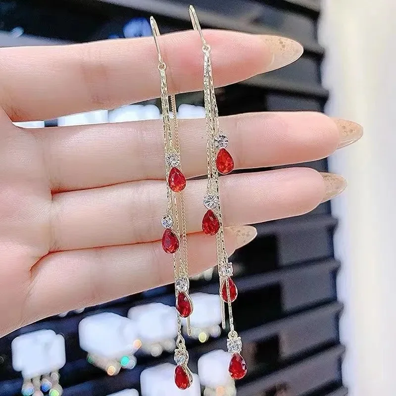 New high-end style with a super sparkling four-color water droplet and ultra long tassel earrings for women
