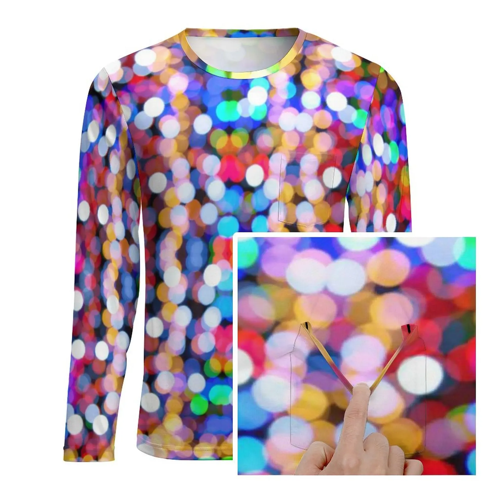 Colorful Sparkle Print T-Shirt With Pocket Twinkling Lights Pattern Vintage T Shirts Man Aesthetic Tshirt Long Sleeve Clothing