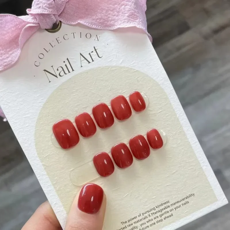 

10pcs Handmade Stick on Nail Art Short Press on Nails Beautiful Red Simple Reusable False Nails New Year 2025 Acrylic Nail Tips