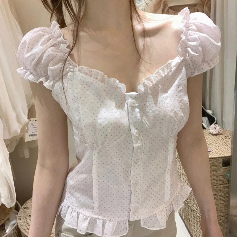 Kawaii Sweet Lolita Blouse Women Polka Dot Puff Sleeve Ruffle Trim Square Neck Button Front Slim Fit Cute Daily Harajuku Fashion