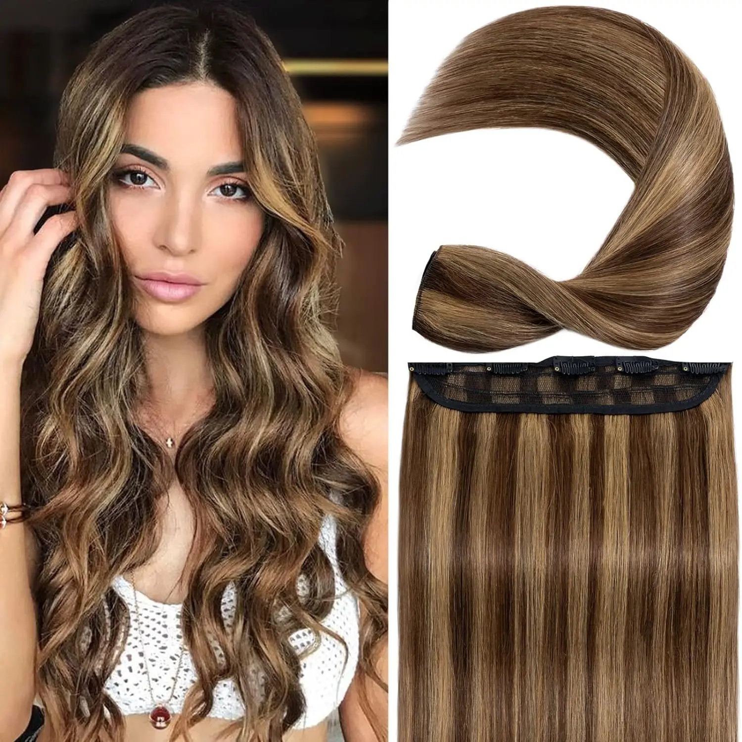 Extensões de cabelo humano com cabeça cheia, 100% cabelo humano real, trama padrão mais grossa, cor #4 27, 1 PC, 5