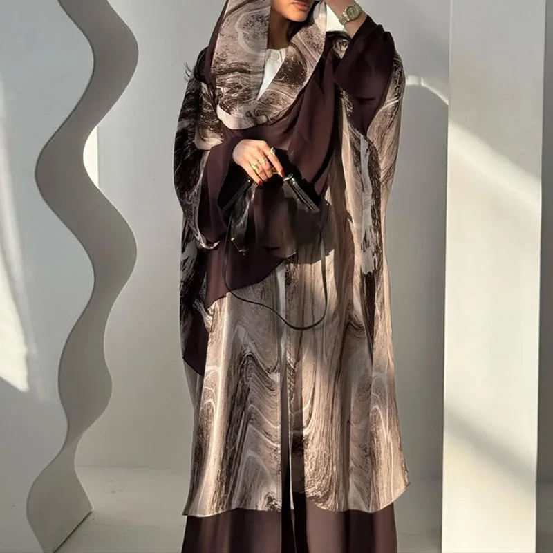 

2025 Autumn Fashion Print Long Coat Spring Elegant V-neck Loose Chiffon Cardigans Casual Long Sleeve Women's Wear With Headscarf