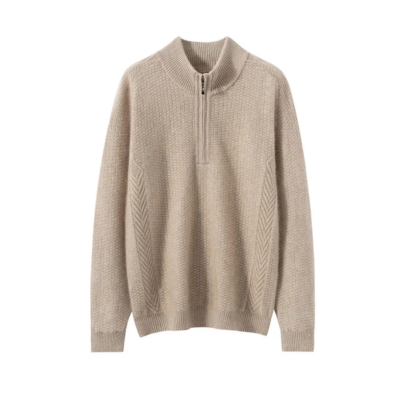 Sweter męski ze 100% czystego kaszmiru, z obniżonymi ramionami, zapinany na krótki zamek, z wysokim kołnierzem, gruby, ciepły, dzianinowy podkoszulek na zimę.