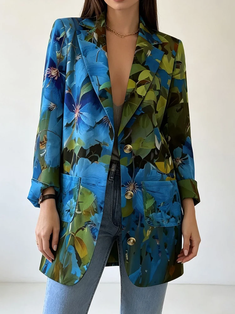 Autumn Winter New Casual Single Breasted Outwear Vintage Lapel Printed Long Sleeve Suit Coat Elegant Women's Slim Commute Jacket