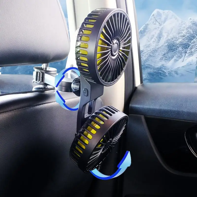 Back Seat Car Fan Dual Head Cooler For Back Seat 360 Degree Rotatable Easy Installation Summer Cooling Fan With 3 Speeds