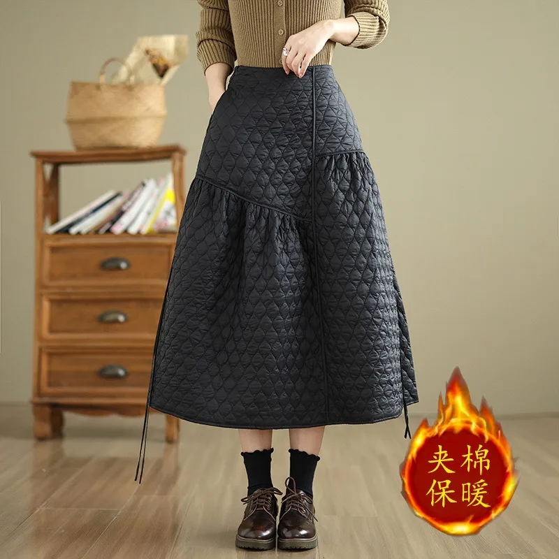 

2025 Winter New Hepburn Sle High Waist A-Line Skirt Women's f-length Rope Hanging Diamond Pattern Thiened Long Skirt