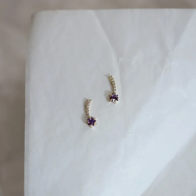 925 Sterling Silver Electroplated 14K Gold Purple Zircon Star Earrings for Women Korean Cute Jewelry Design