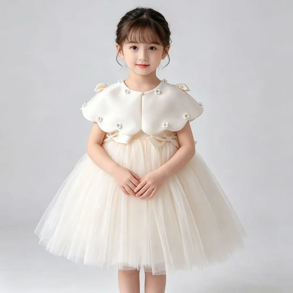 Baby Girl Wedding Party dress Princess Bow Pearl Silk Dress White Clothing Infant Toddler Vintage Vestido Birthday Baby Clothes