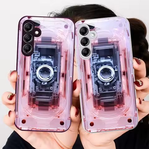 Pink Transparent Camera For Samsung Galaxy A01 02 03 Core A04 A14 4G A13 54 34 31 20 25 23 22 5G S21 Ultra S20 Glass Phone Case