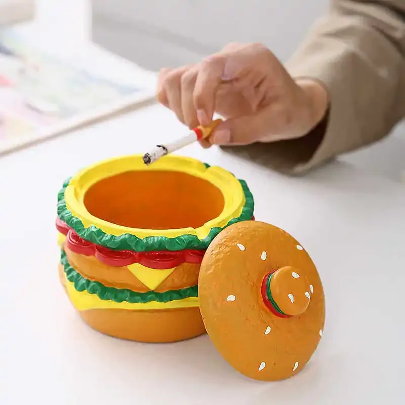Hamburg-shaped Ashtray with Cover Cement Round Ashtray Home Office Living Room Creative Personality Anti-ash Flying Ashtray