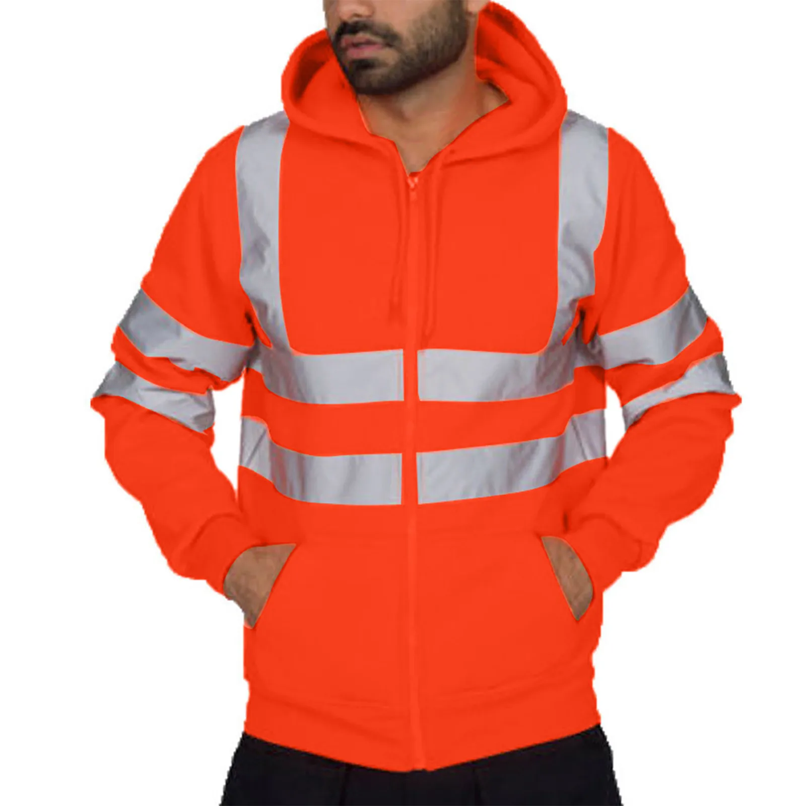 Men‘s Reflective Strip Hoodie Sweatshirt Long Sleeve Fitting Zipper Hooded Pullover For Men Spring Fall Casual Wear Sweatshirt