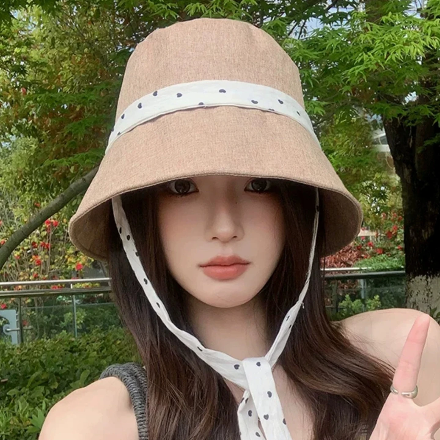 New sunscreen visor women's summer retro polka dot strap fisherman hat big brim versatile