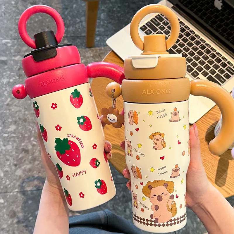 

800ml Cartoon Cute Thermal Water Bottle With Handle Tea Water Separation 316 Large Capacity Sports Straw Thermo Mugs Coffee Cup