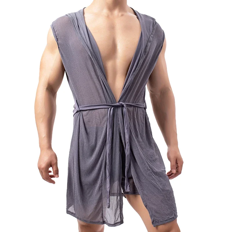 Mannen Mesh Badjassen Mesh Ademend Nachtkleding Mouwloze Gewaden Lounge Wear (Geen Shorts)