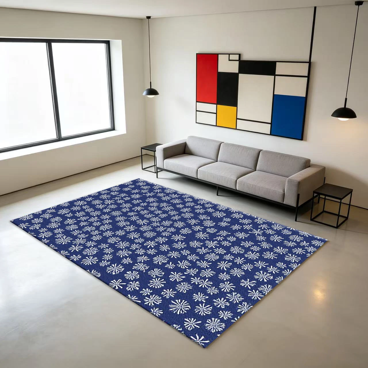 Retro Blue and White Small Floral Print Carpet Floor Mat for Home Bedroom Decoration