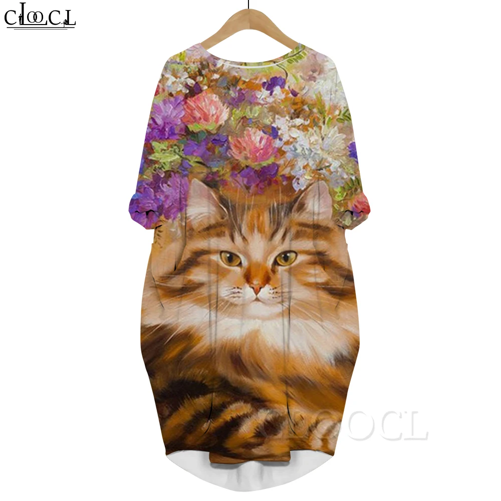 CLOOCL Cute Casual Dress Flower Bush Cat Pattern 3D Printed Long Sleeve Female Pocket Animal Dresses Vestido Midi Talla Grande