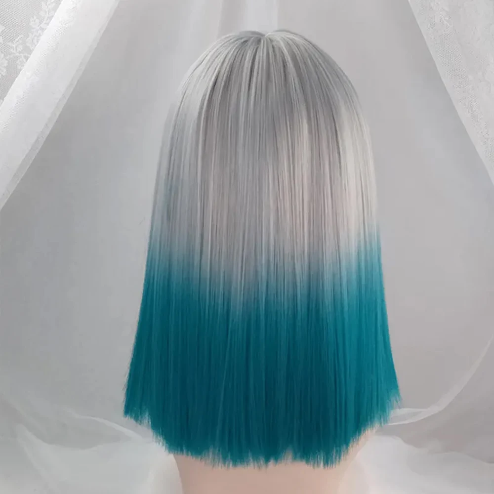 شعر مستعار اصطناعي مستقيم مع الانفجارات للنساء ، شعر مستعار لوليتا تأثيري ، أومبير ، رمادي ، أزرق ، متوسط الطول ، حفلة يومية #2