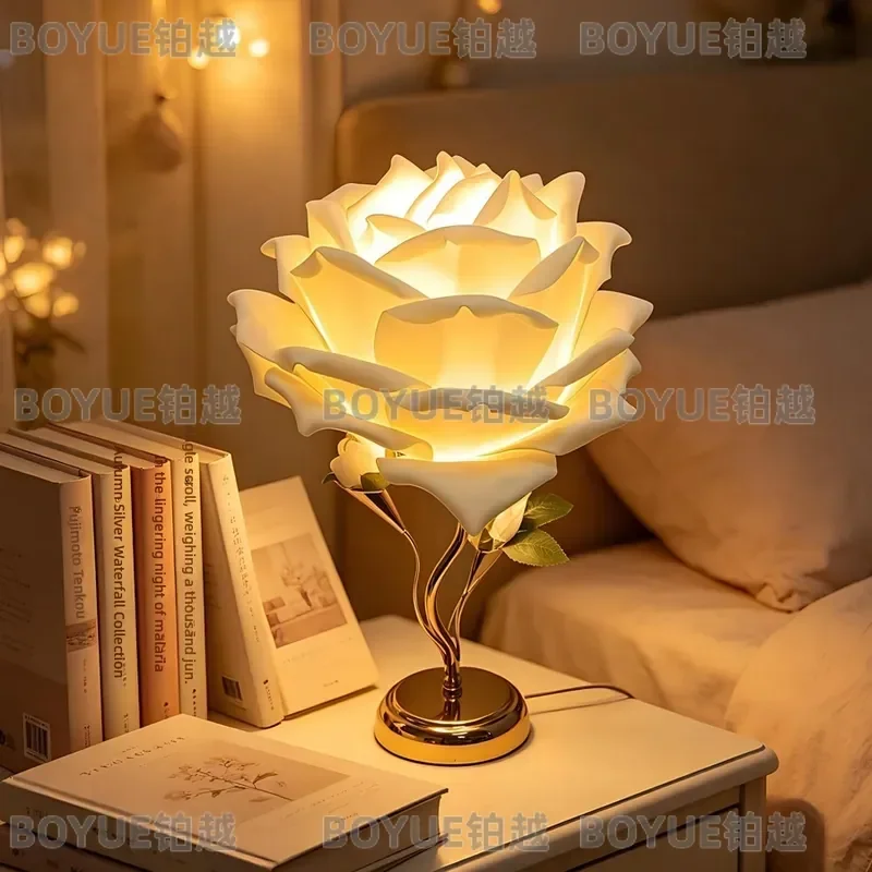Romantic Rose Flower Table Lamp White Pink Petal Bedside Light Warm Glow for Bedroom Wedding Decor Princess Style Atmosphere