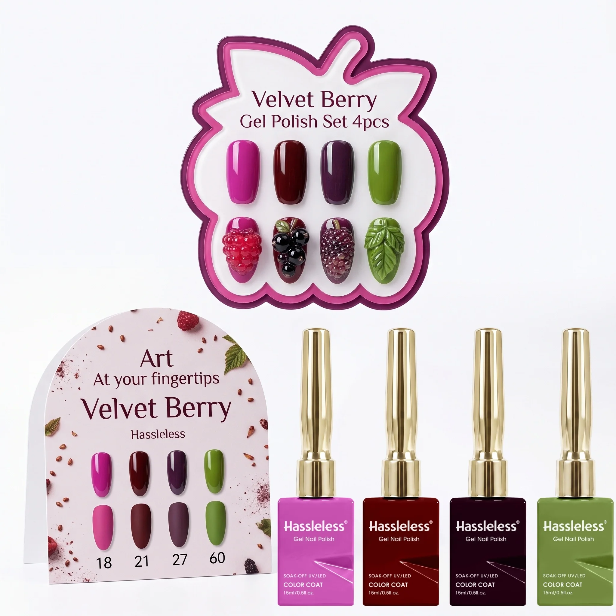 Hassleless 4Pcs Rose Pink, Red, Purple, and Green, Suitable for All Nail Types, Classic Dark Solid Colors, Long-Lasting, Perfect for Nail Salons or DIY at Home, the Perfect Choice for Nail Supplies