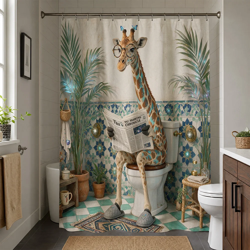 Funny Giraffe Reading Book Bathroom Shower Curtain Tropical Safari Animal Print Novelty Bath Decor